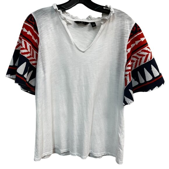 G By Giuliana Womens White Top W/ Aztec Print Sleeves V-Neck Cotton Blend Size L - Picture 1 of 6